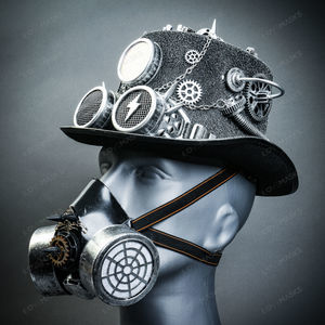 Silver Steampunk Lightning Goggle Top Hat w/ Silver Gas Mask Halloween Costume